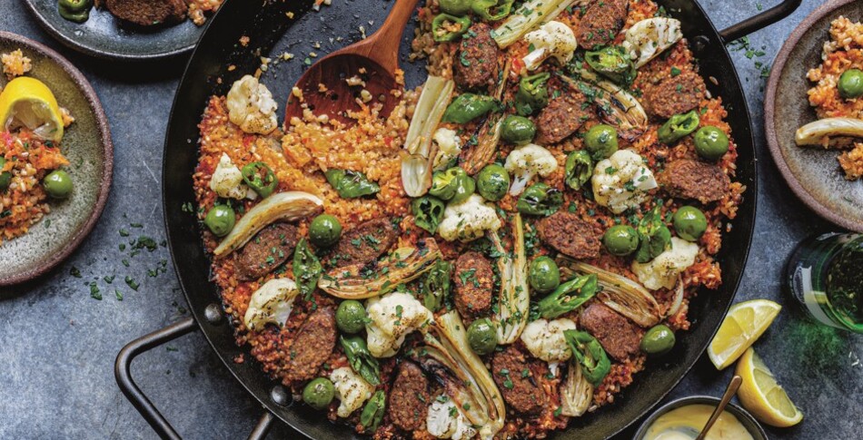 Vegan Mixed Grain Vegetable Paella With Sausage and Castelvetrano Olives