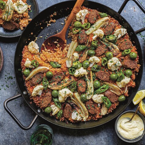 Vegan Mixed Grain Vegetable Paella With Sausage and Castelvetrano Olives
